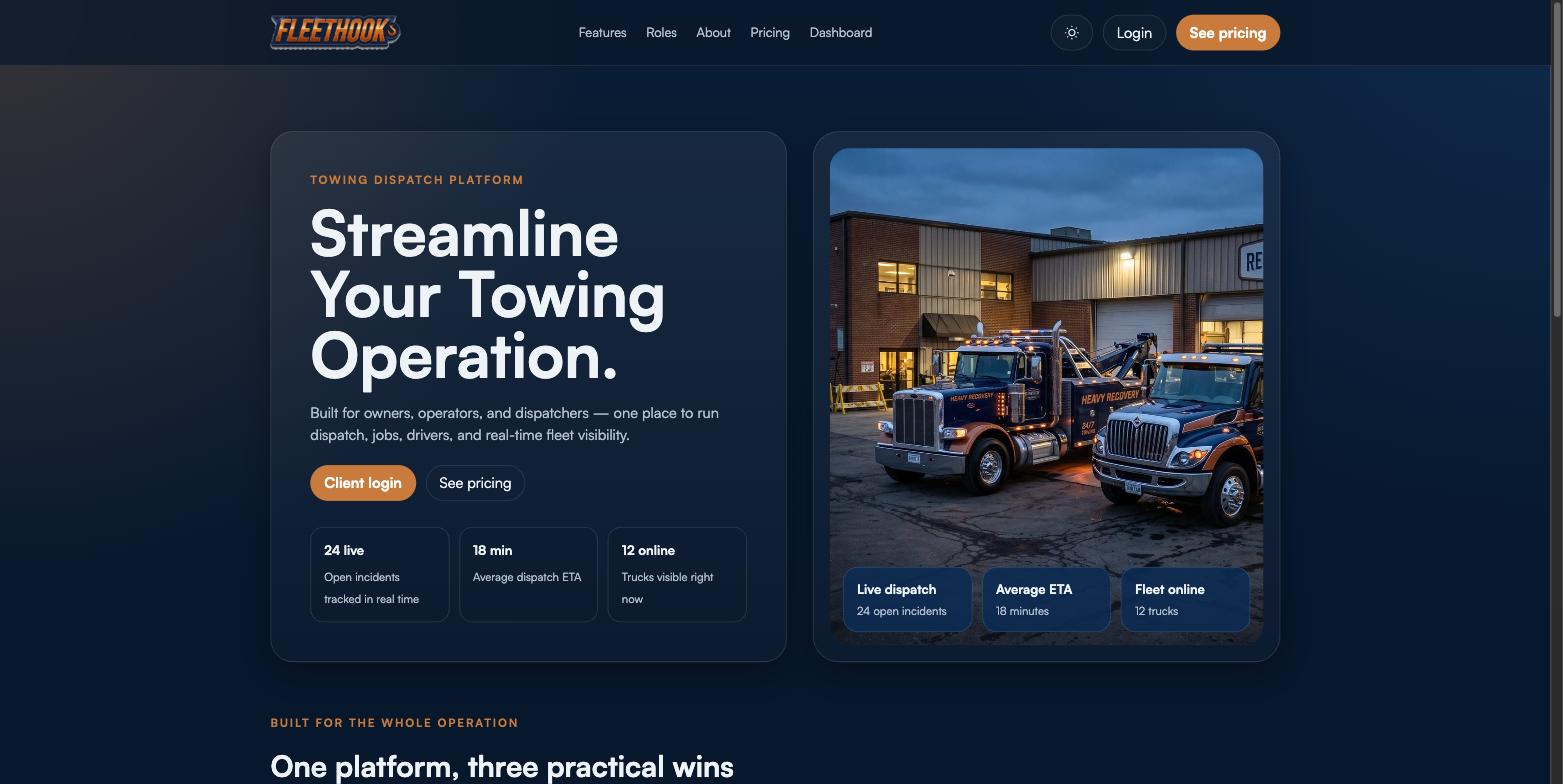 FleetHook towing dispatch platform homepage